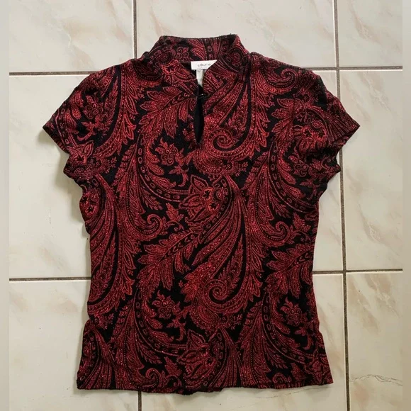LAST CHANCE Vintage 90s Y2K Red and Black Paisley Women's Top - Picture 1 of 3